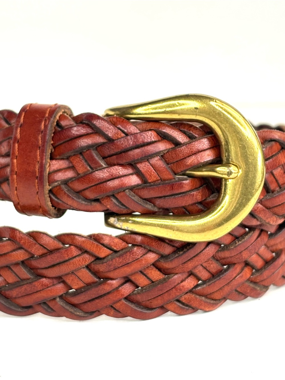 VTG Liz Claiborne Braided Leather Belt in Chestnut Brown Gold Tone Curved Buckle